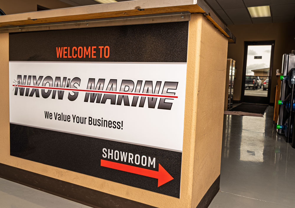 Welcome sign at Nixon's Marine showroom
