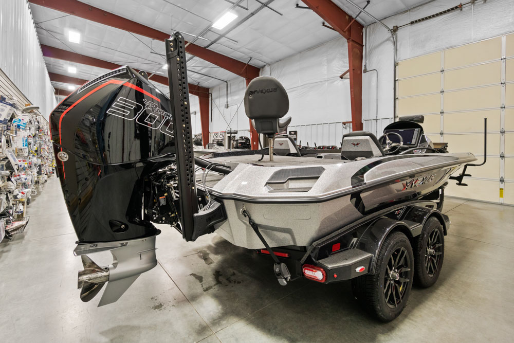 Modern fishing boat in showroom