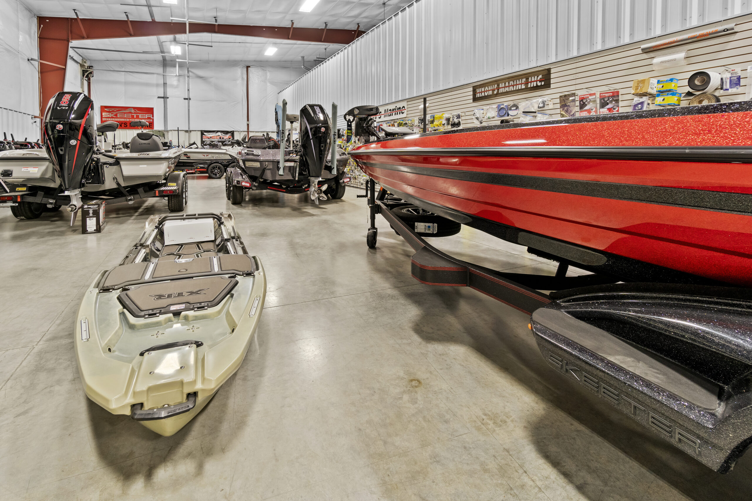 Boats displayed in a showroom